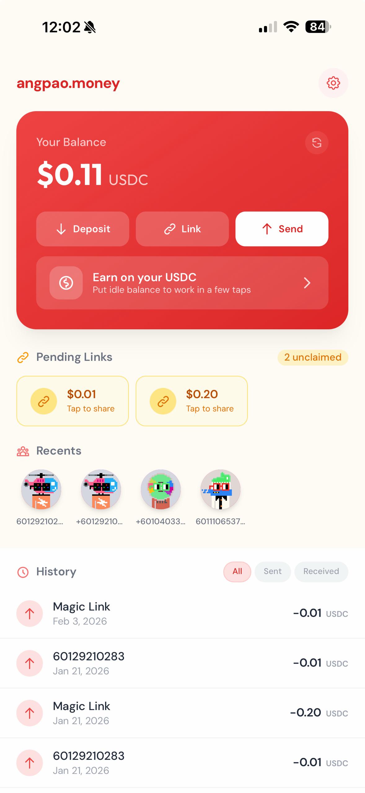 Angpao home screen with balances and transaction history